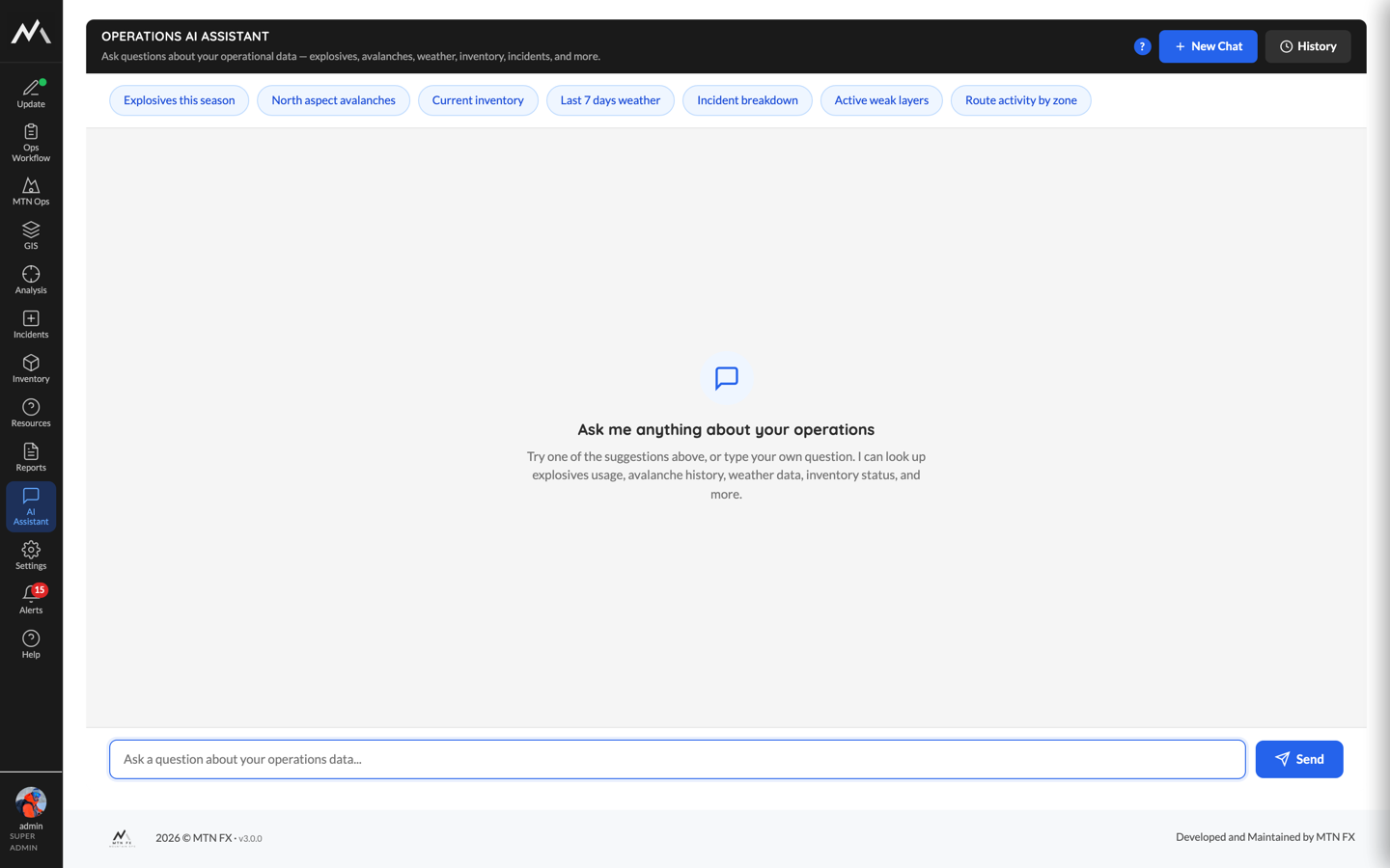 The Operations AI Assistant with suggested questions like explosives this season, north aspect avalanches, and last 7 days weather