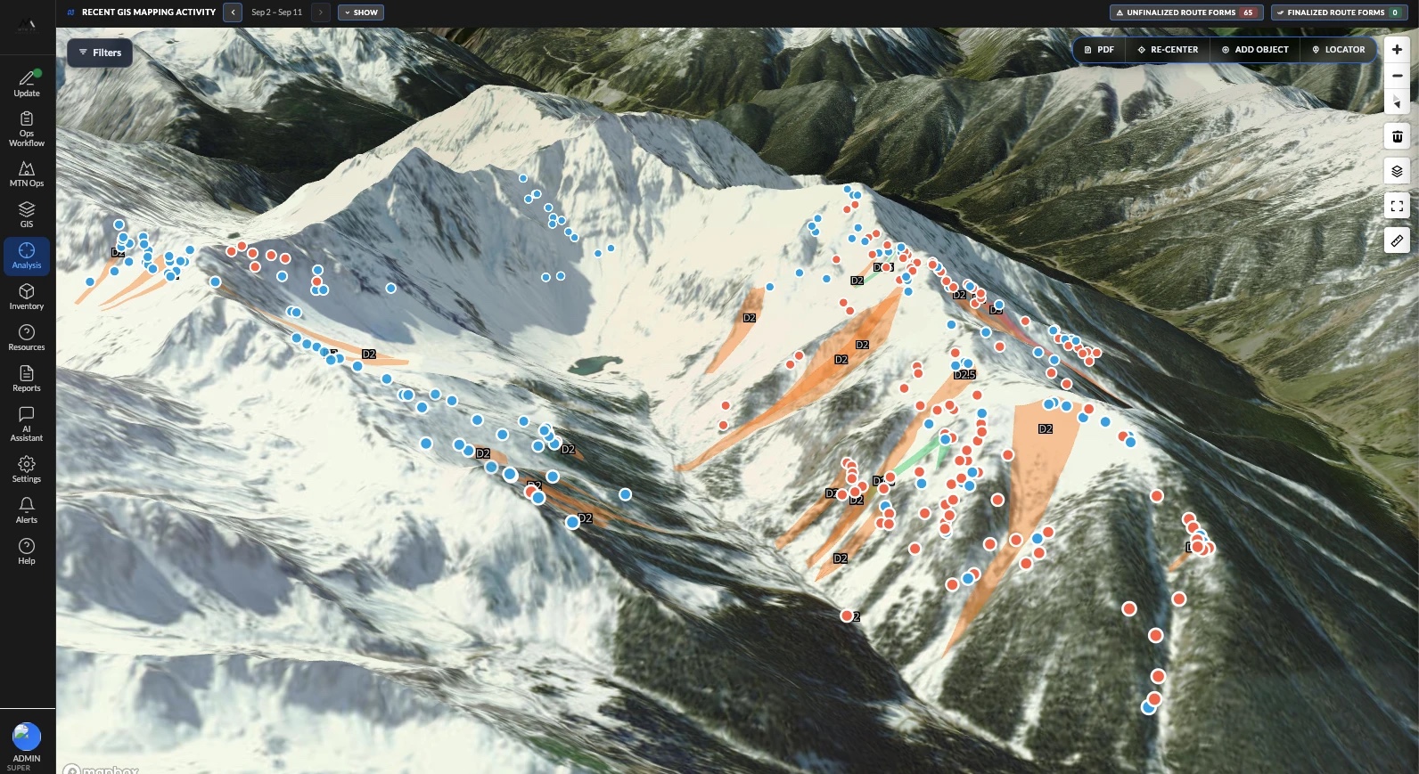 The MTN FX analysis map showing a season of mitigation activity: shot placements, D2 avalanche polygons, and ski cuts on 3D terrain