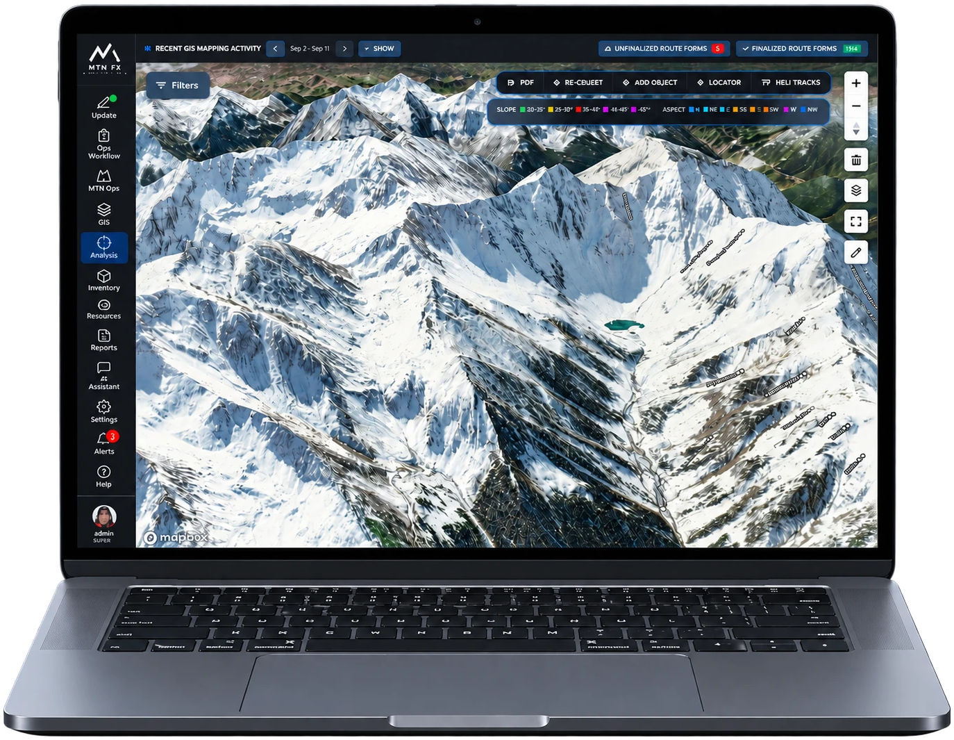 A MacBook running the MTN FX analysis map: snow-covered 3D terrain with labeled avalanche routes and slope-angle and aspect filters