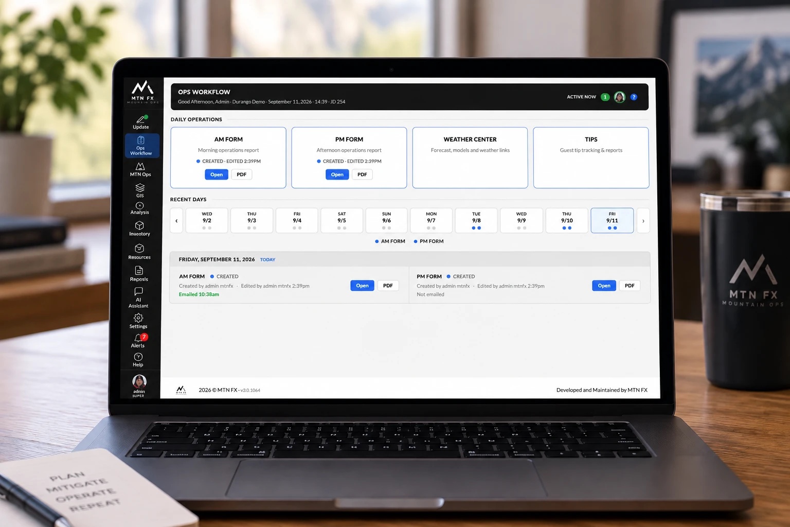 A laptop running the Ops Workflow dashboard: AM Form, PM Form, Weather Center, and Tips cards above the recent-days board