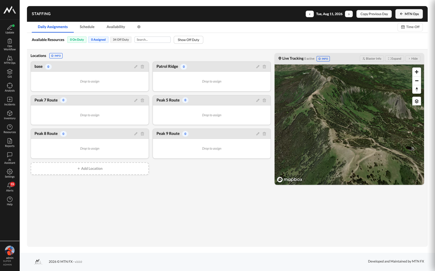 The Staffing daily assignments board: drag-to-assign location cards next to a live tracking terrain map